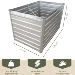 Hochbeet Metall eckig 160x77x77cm, silber, Gartenbeet, Pflanzbeet, Kräuterbeet