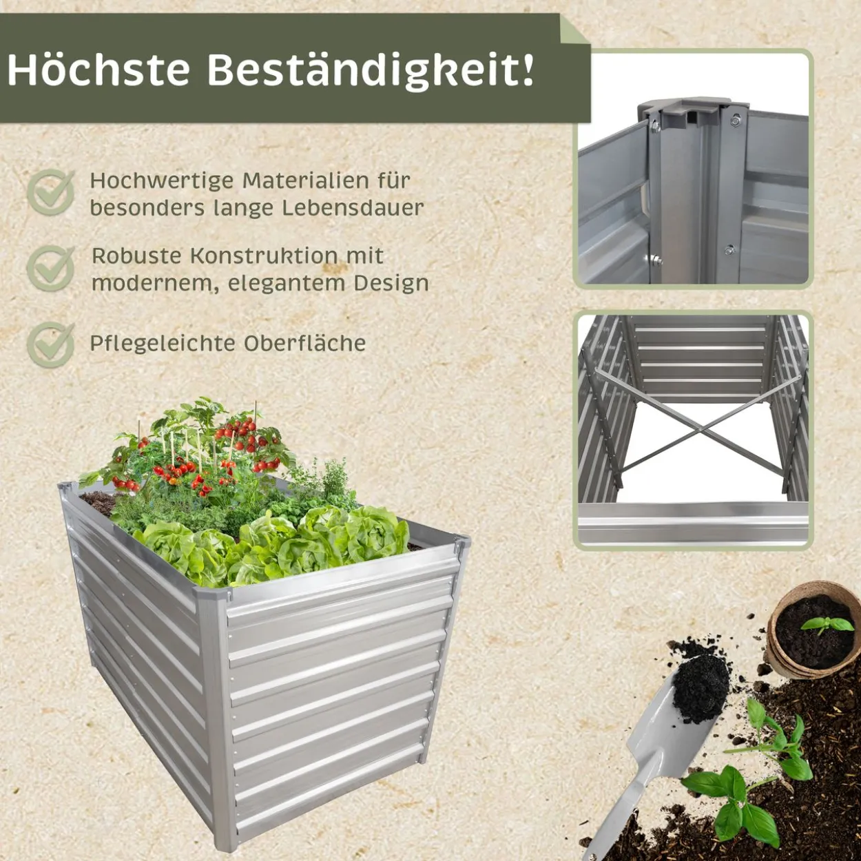 Hochbeet Metall eckig 160x77x77cm, silber, Gartenbeet, Pflanzbeet, Kräuterbeet