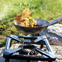 Hockerkocher-Set (klein) mit Zündsicherung mit Stahl-Wok Ø 30 cm