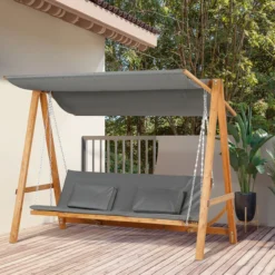 Hollywoodschaukel mit Bettfunktion 3-Sitzer mit Dach Kiefernholz Grau+Teak 225,5x113x180cm