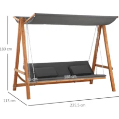 Hollywoodschaukel mit Bettfunktion 3-Sitzer mit Dach Kiefernholz Grau+Teak 225,5x113x180cm