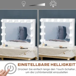 Hollywood Spiegel 80 x 60 cm Schminkspiegel mit LED-Beleuchtung Weiß