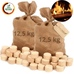 Holzbriketts 100% Gepresste Rundholzbriketts 2 x 12,5kg im Jutesack Brikett Hohe Brennwert Raucharm