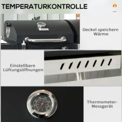Holzkohlgrill Gasgrill mit 2+1 Brenner, Thermometer, Haken, Schwarz