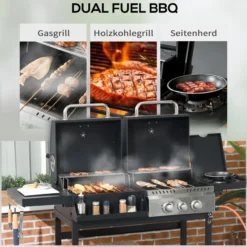 Holzkohlgrill Gasgrill mit 2+1 Brenner, Thermometer, Haken, Schwarz