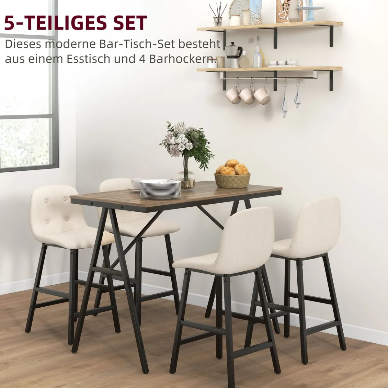 HOMCOM Bartisch mit Barhocker Set, Küchentisch, 5-teilig Essgruppe, Bartisch Set