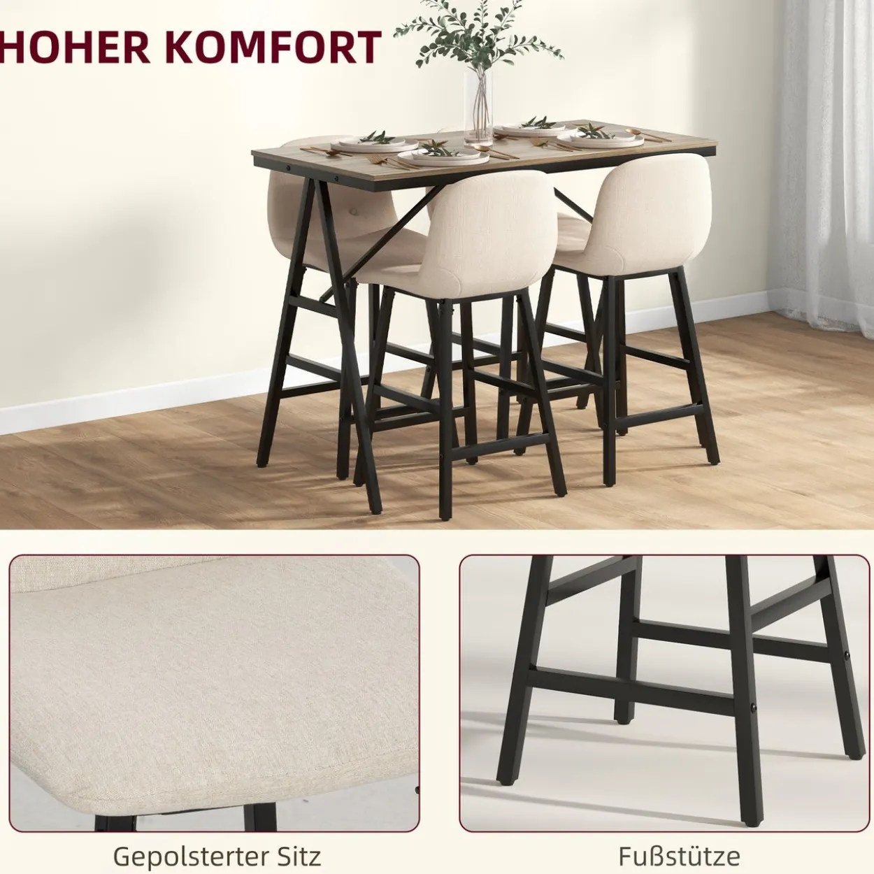 HOMCOM Bartisch mit Barhocker Set, Küchentisch, 5-teilig Essgruppe, Bartisch Set