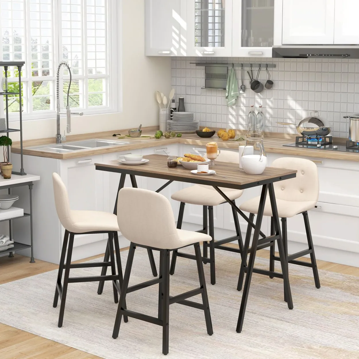 HOMCOM Bartisch mit Barhocker Set, Küchentisch, 5-teilig Essgruppe, Bartisch Set