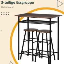 HOMCOM Bartisch Set 3-teilig Esstisch mit 2 Barhocker Essgruppe Metall Schwarz