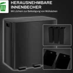 HOMCOM Mülleimer 3 x 15L Treteimer mit Deckel, Fußpedal, Inneneimer, Edelstahl