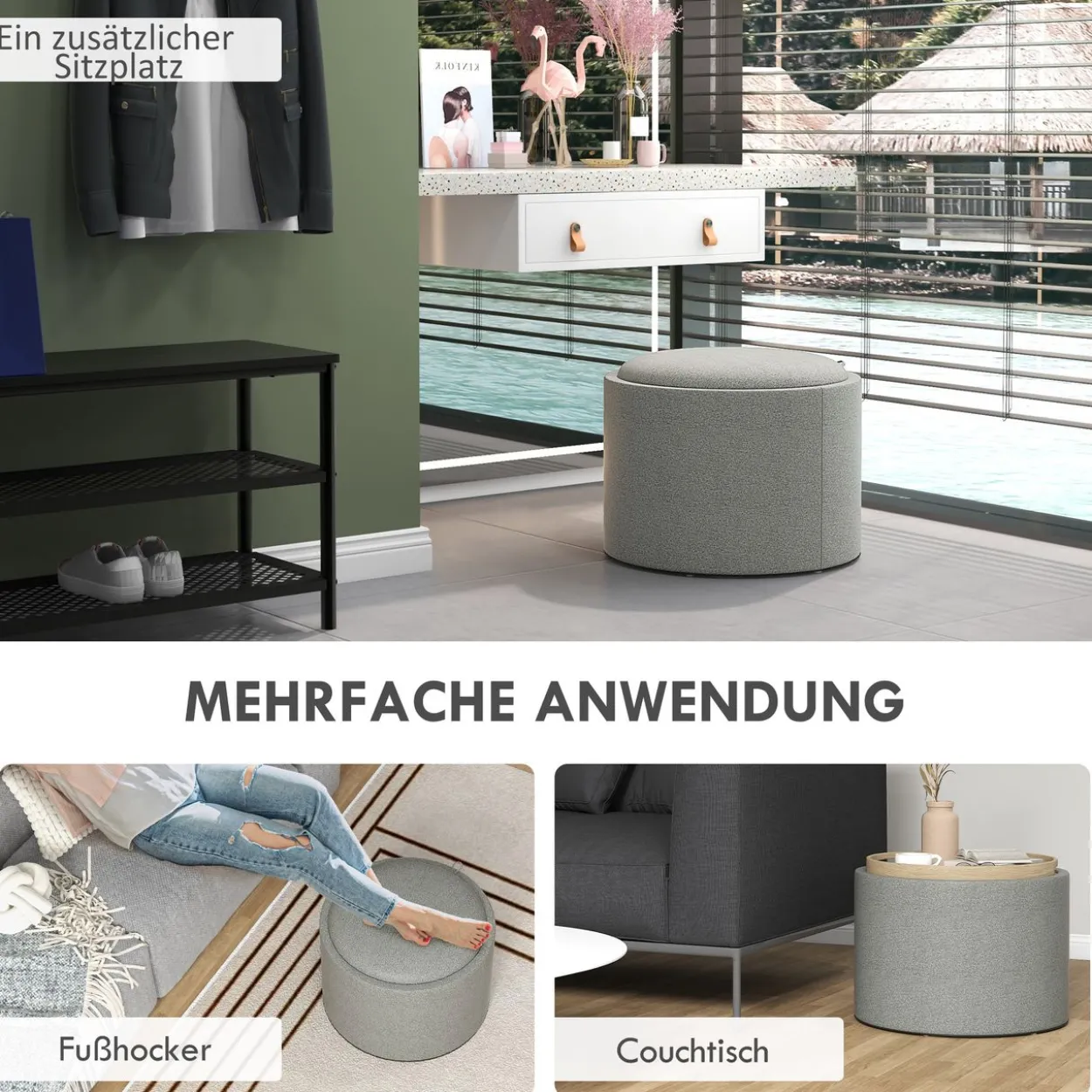 HOMCOM Ottomane Runder Sitzhocker Polsterhocker mit Stauraum, Klappdeckel, Grau