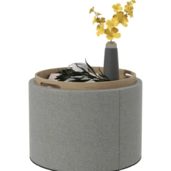 HOMCOM Ottomane Runder Sitzhocker Polsterhocker mit Stauraum, Klappdeckel, Grau