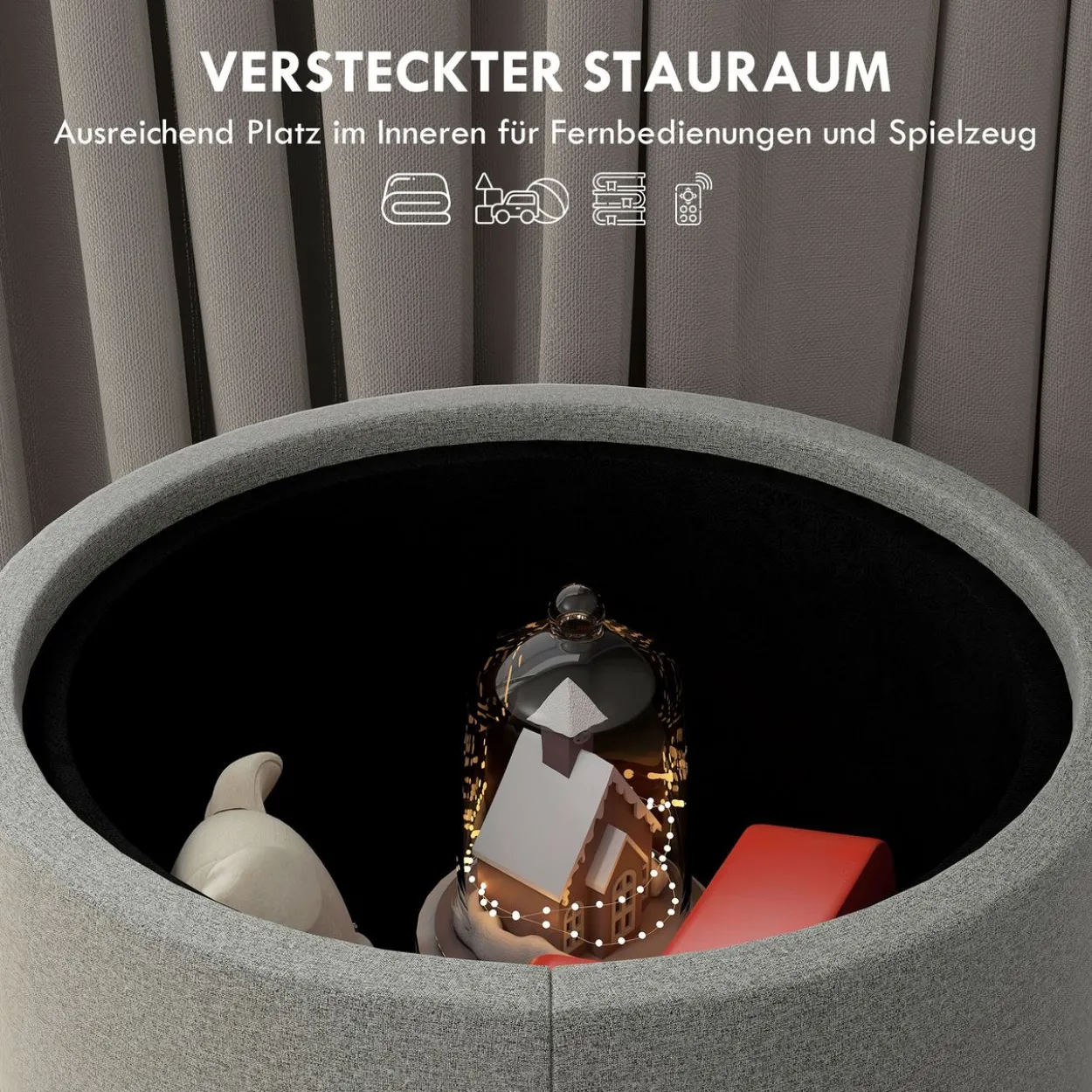 HOMCOM Ottomane Runder Sitzhocker Polsterhocker mit Stauraum, Klappdeckel, Grau