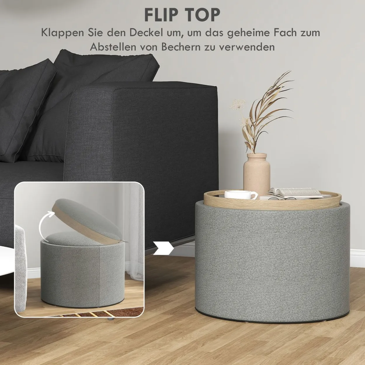 HOMCOM Ottomane Runder Sitzhocker Polsterhocker mit Stauraum, Klappdeckel, Grau