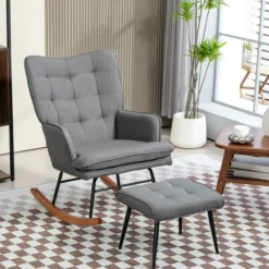 HOMCOM Schaukelstuhl Schwingsessel mit Hocker Relaxsessel mit Leinenoptik
