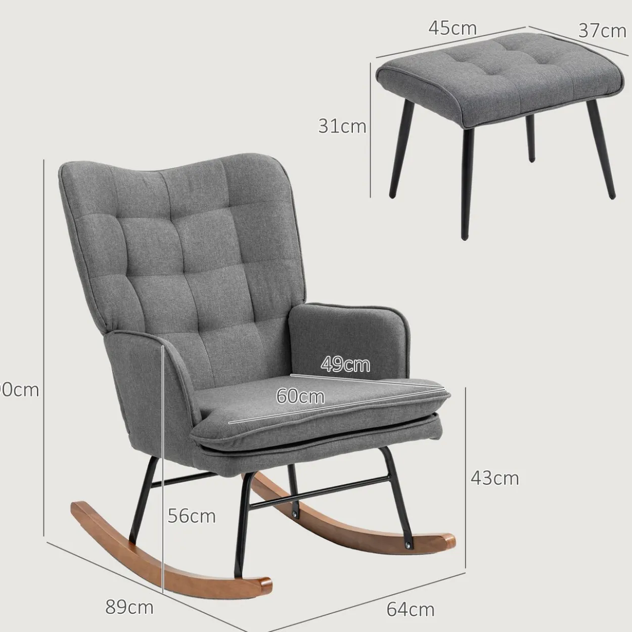 HOMCOM Schaukelstuhl Schwingsessel mit Hocker Relaxsessel mit Leinenoptik