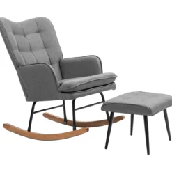 HOMCOM Schaukelstuhl Schwingsessel mit Hocker Relaxsessel mit Leinenoptik