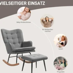 HOMCOM Schaukelstuhl Schwingsessel mit Hocker Relaxsessel mit Leinenoptik