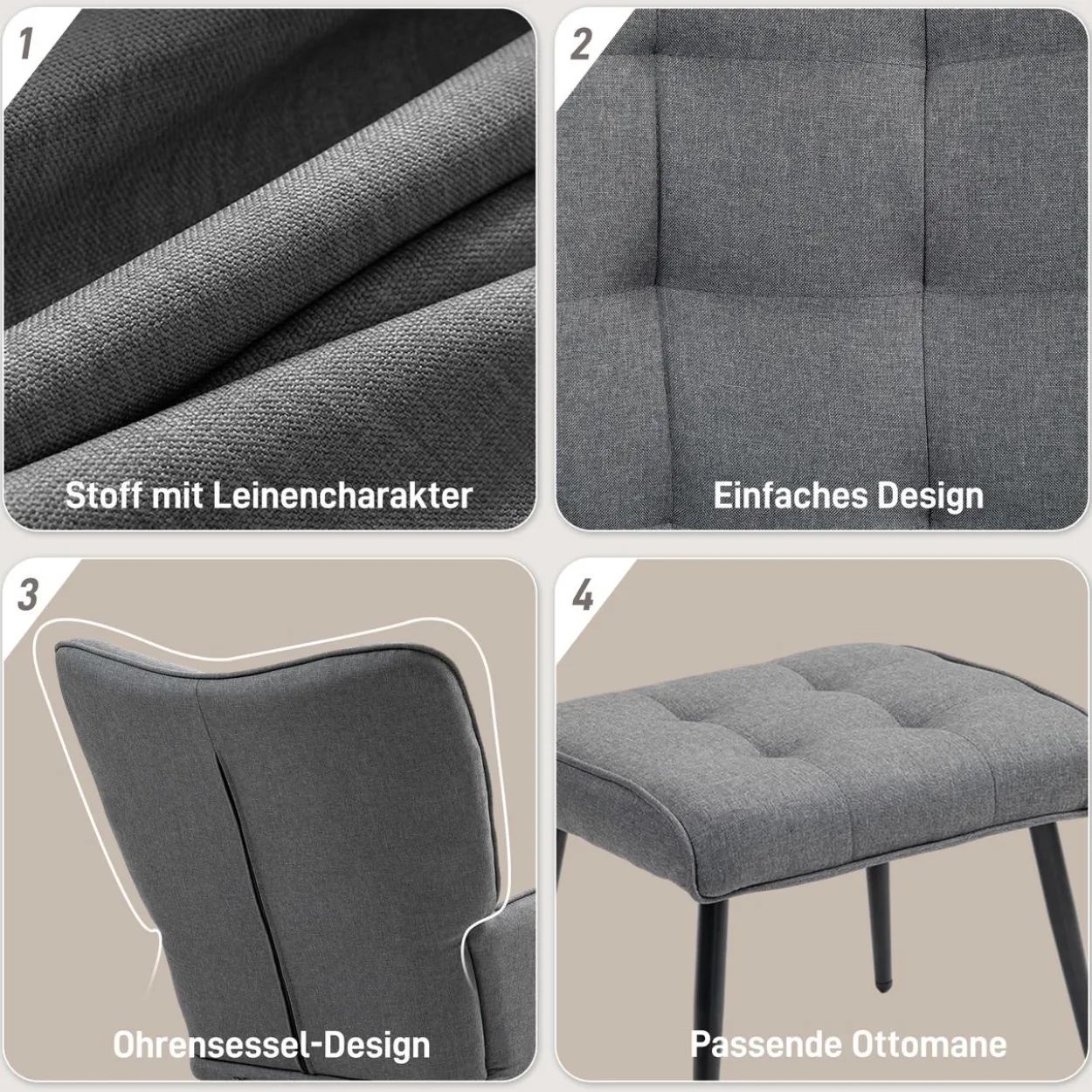 HOMCOM Schaukelstuhl Schwingsessel mit Hocker Relaxsessel mit Leinenoptik