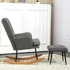 HOMCOM Schaukelstuhl Schwingsessel mit Hocker Relaxsessel mit Leinenoptik