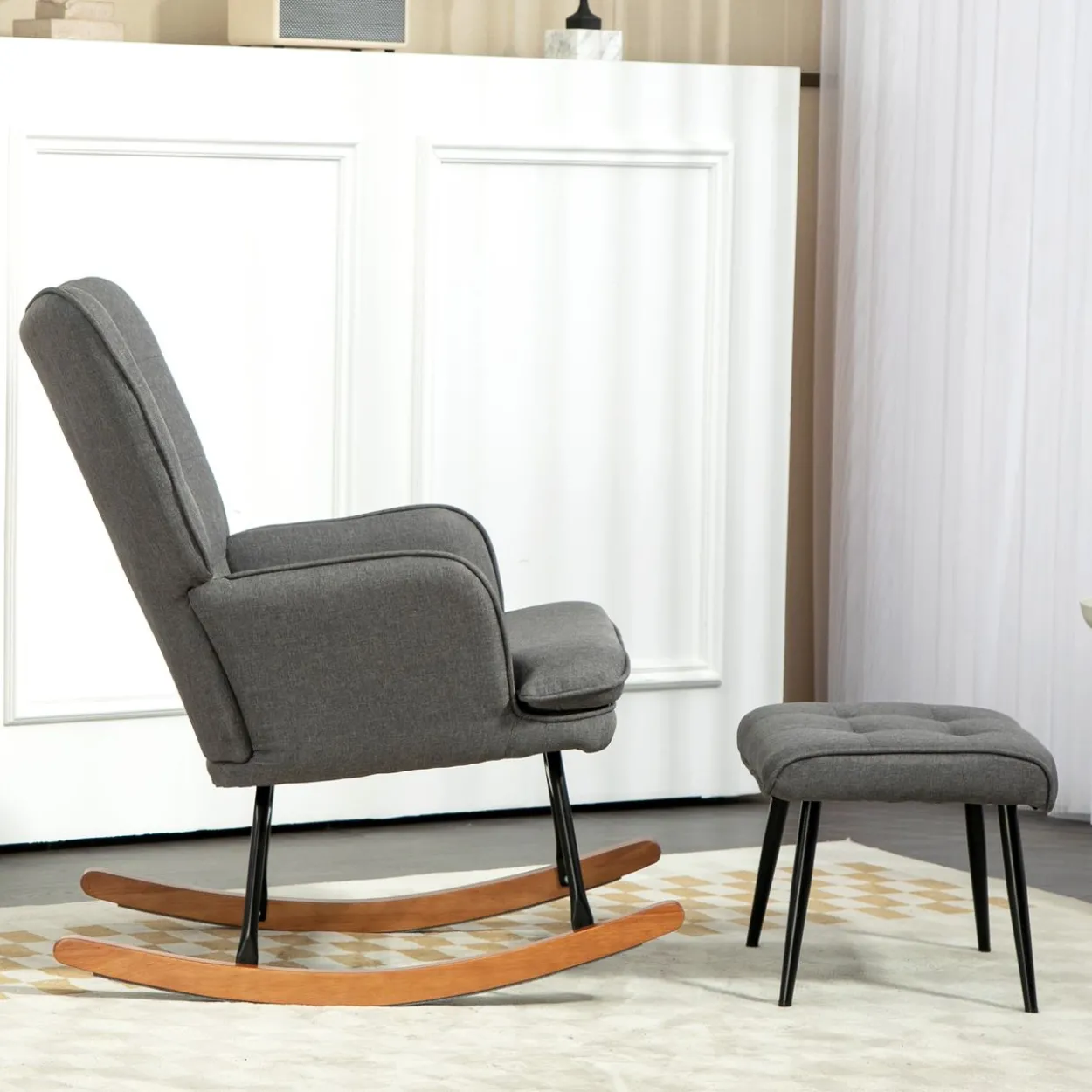 HOMCOM Schaukelstuhl Schwingsessel mit Hocker Relaxsessel mit Leinenoptik