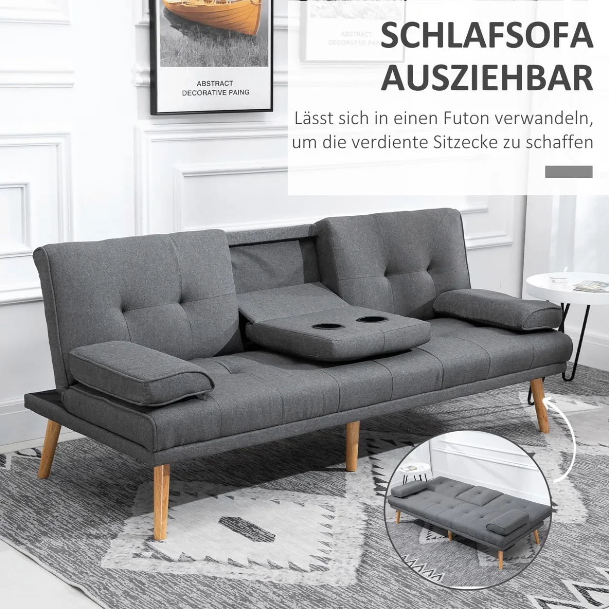 HOMCOM Schlafsofa 3-Sitzer-Sofa Bettsofa mit Klappbarem Tisch, Leinenoptik