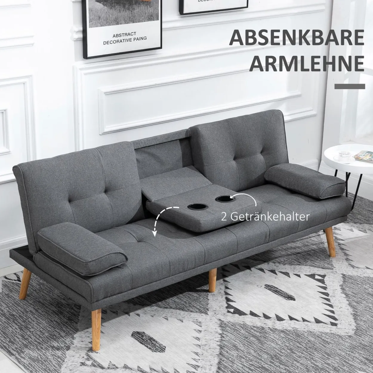 HOMCOM Schlafsofa 3-Sitzer-Sofa Bettsofa mit Klappbarem Tisch, Leinenoptik