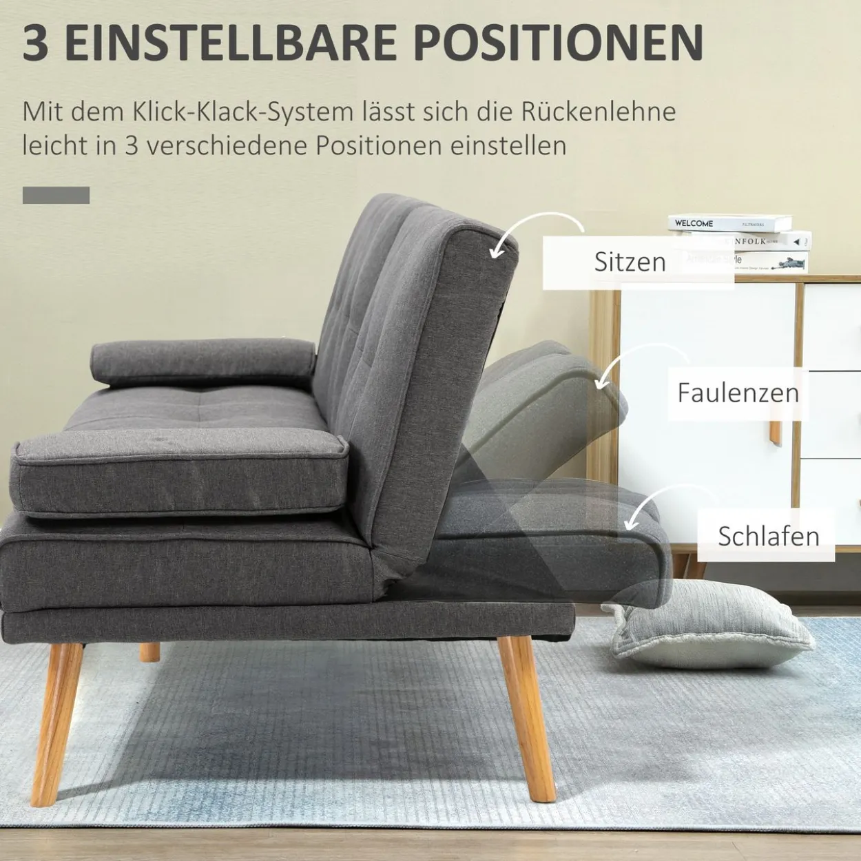 HOMCOM Schlafsofa 3-Sitzer-Sofa Bettsofa mit Klappbarem Tisch, Leinenoptik
