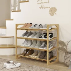 HOMCOM Schuhregal, Schuhständer mit 4 Ebenen, für max. 12 Paar Schuhe, Natur