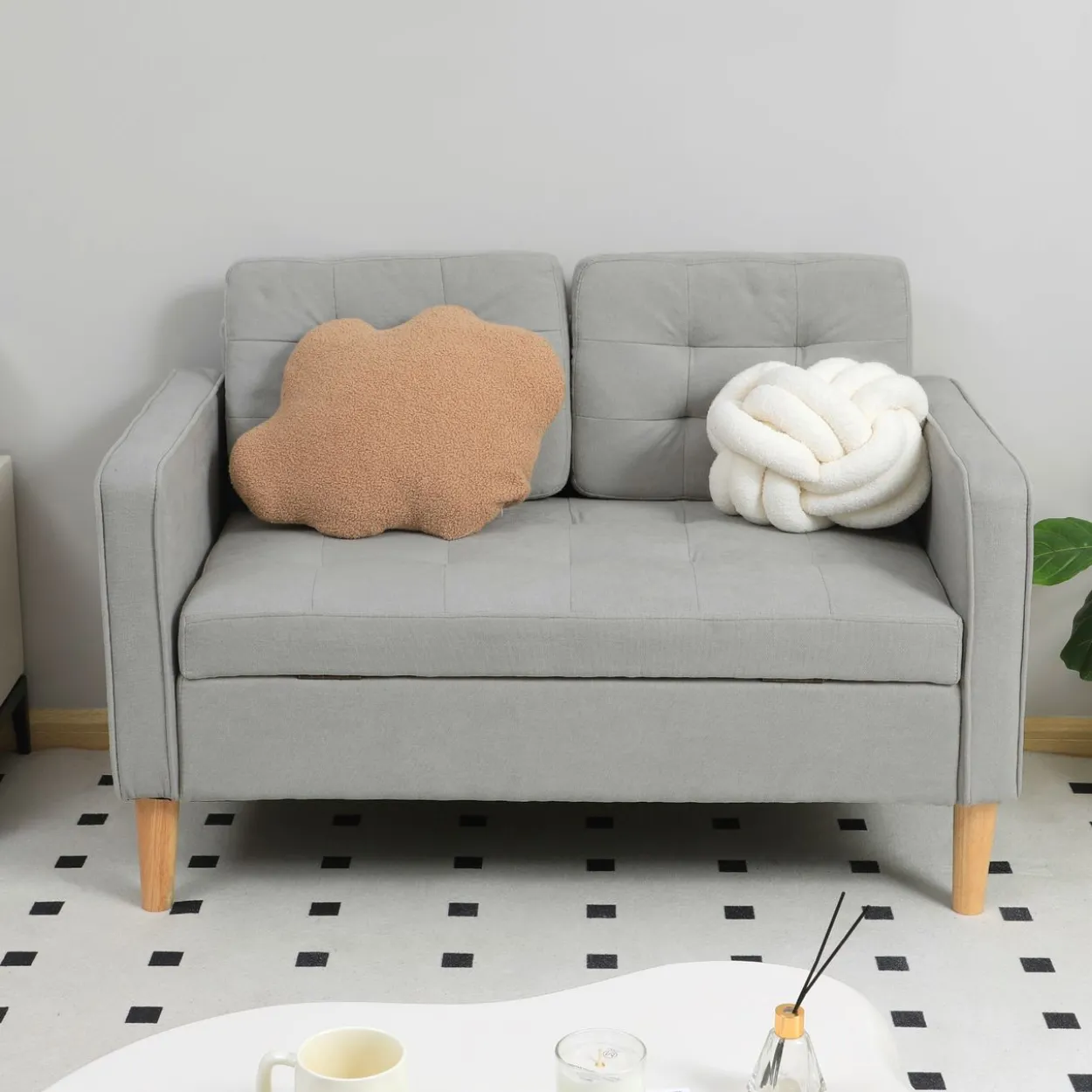 HOMCOM 2 Sitzer Sofa, Gepolstert Couch mit Stauraum, Holzbeine, Hellgrau