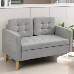 HOMCOM 2 Sitzer Sofa, Gepolstert Couch mit Stauraum, Holzbeine, Hellgrau