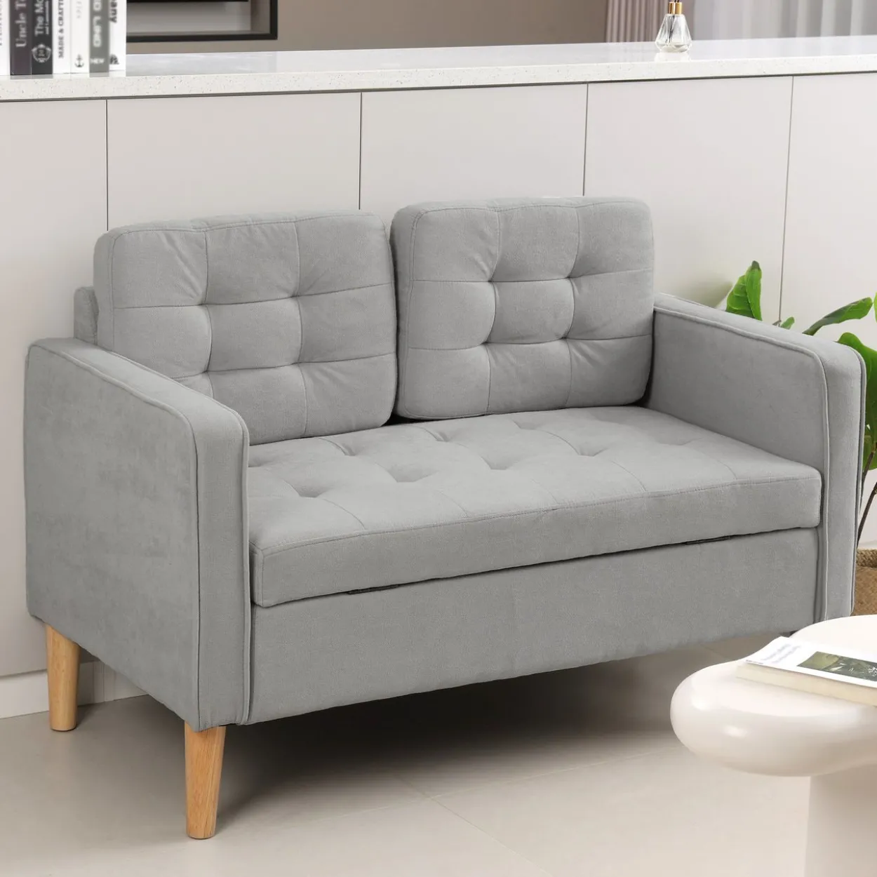 HOMCOM 2 Sitzer Sofa, Gepolstert Couch mit Stauraum, Holzbeine, Hellgrau