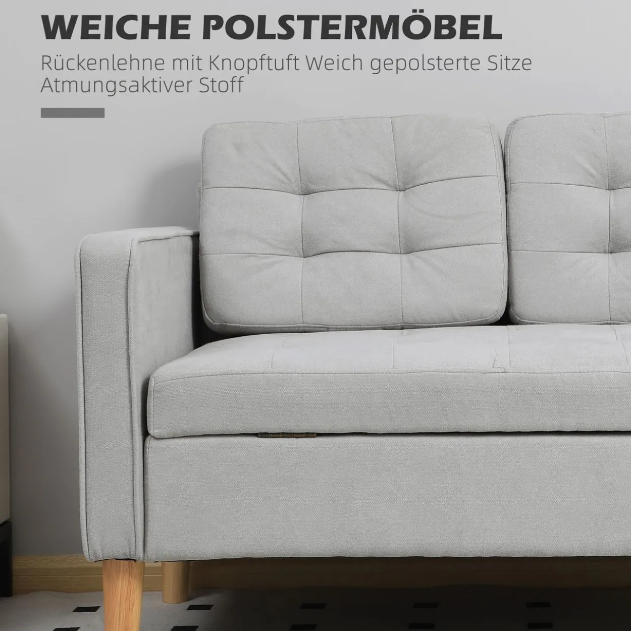 HOMCOM 2 Sitzer Sofa, Gepolstert Couch mit Stauraum, Holzbeine, Hellgrau