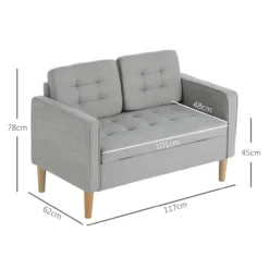 HOMCOM 2 Sitzer Sofa, Gepolstert Couch mit Stauraum, Holzbeine, Hellgrau