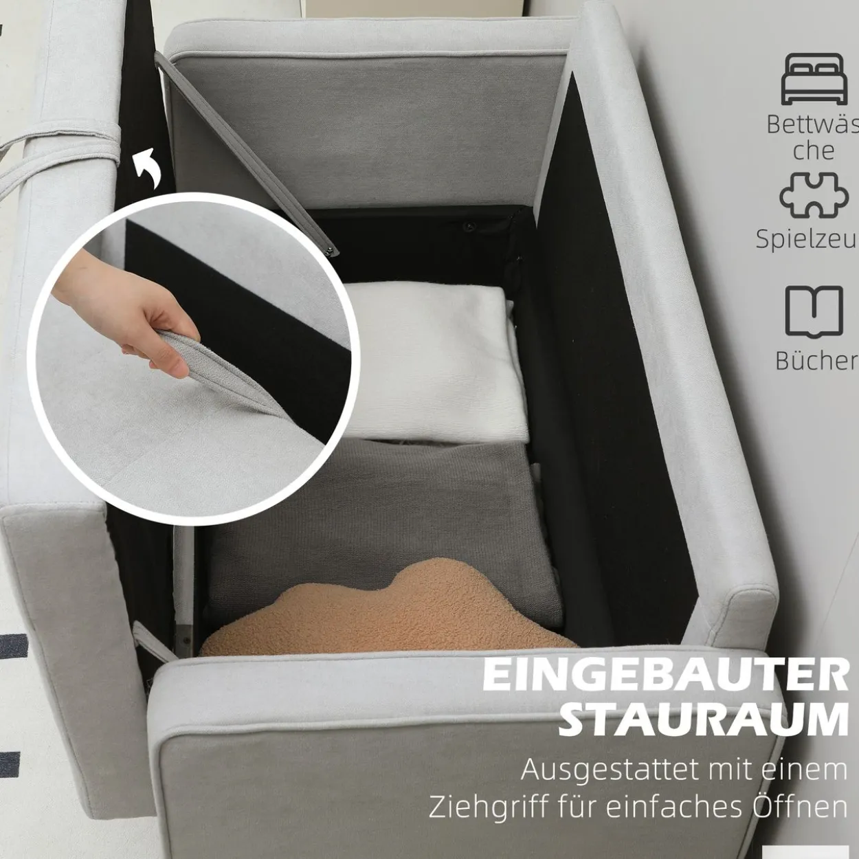 HOMCOM 2 Sitzer Sofa, Gepolstert Couch mit Stauraum, Holzbeine, Hellgrau