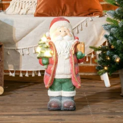 HOMCOM Weihnachtsdeko Figur 50 cm Weihnachtsmann mit Weihnachtsbaum und Geschen