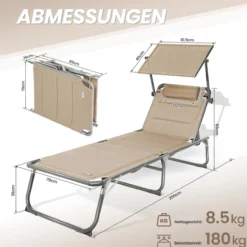 HOMECALL Klappbar-Gartenliege Sonnenliege Liegestuhl, Textilene Mit Dickem Schwamm, bis 180KG