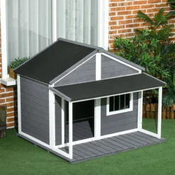 Hundehütte aus Holz Kleintierhaus Hundehaus mit Terrasse für draußen