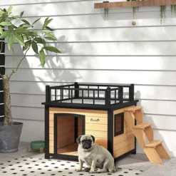Hundehütte Hundehaus mit Balkon Erhöhtes Kleintierhaus mit Treppe Fenster