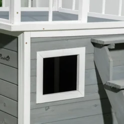 Hundehütte Hundehaus mit Balkon Erhöhtes Kleintierhaus mit Treppe Fenster