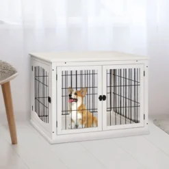 Hundehütte mit Tischoberfläche, 2 Türen, MDF, Metall, Weiß, 81 x 58,5 x 66 cm