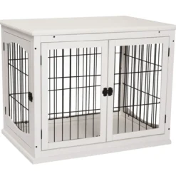 Hundehütte mit Tischoberfläche, 2 Türen, MDF, Metall, Weiß, 81 x 58,5 x 66 cm