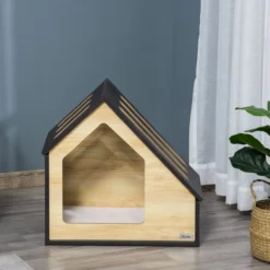Hunde-/ Katzenhütte aus Holz mit Kissen mit schrägem Dach 60 x 40 x 59,2 cm
