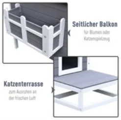 Hunde-/Katzenhütte mit Terrasse und Balkon Tannenholz Grau + Weiß 115 x 66,5 x 74,7 cm