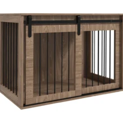 Hundekäfig Hundebox mit Schiebetür, Hundehütte mit Holzoptik für große Hunde