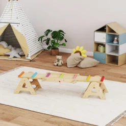 2 In 1 Balance Wippe Kinder Schwebebalken aus Holz Wippe Schaukelwippe Garten