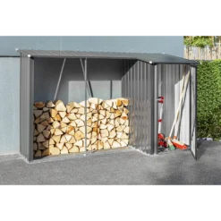 2in1 Brennholzlager mit Schrank aus verzinktem Stahl, ca. 270 x 104 x 161 cm - Schwarz