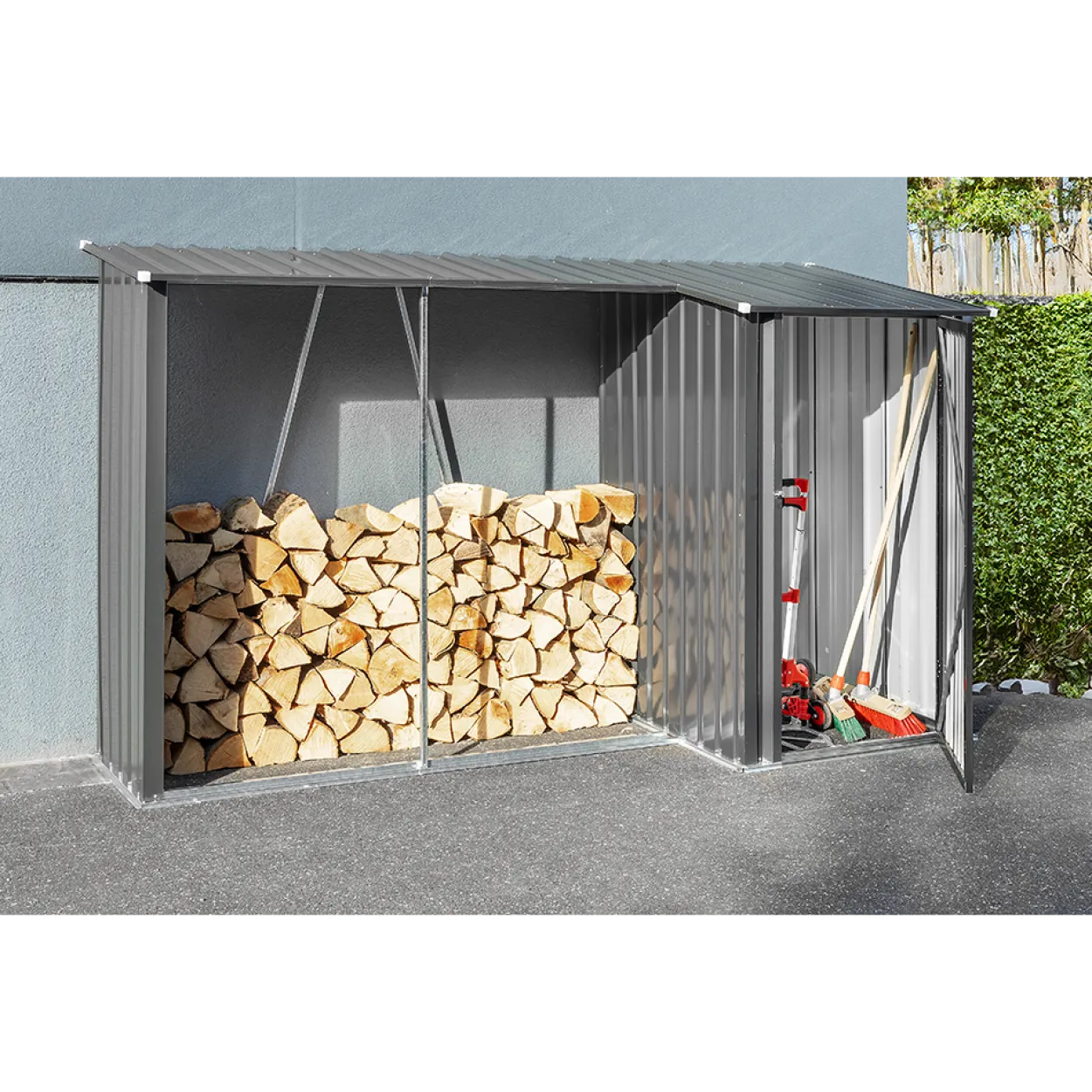 2in1 Brennholzlager mit Schrank aus verzinktem Stahl, ca. 270 x 104 x 161 cm - Schwarz