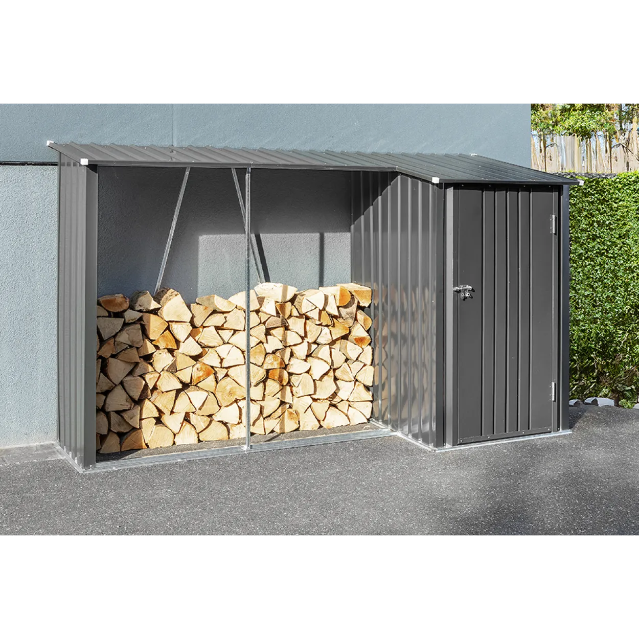 2in1 Brennholzlager mit Schrank aus verzinktem Stahl, ca. 270 x 104 x 161 cm - Schwarz
