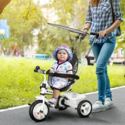 6-in-1 Dreirad mit Schubstange, Kinderdreirad mit Sonnendach, Korb, Weiß
